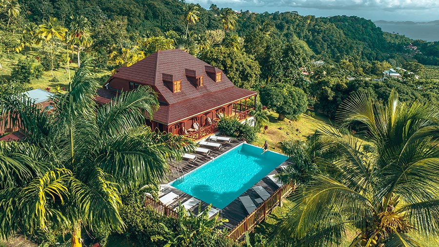 Vue aérienne du Jardin Malanga en Guadeloupe, maison créole entourée de verdure avec piscine panoramique